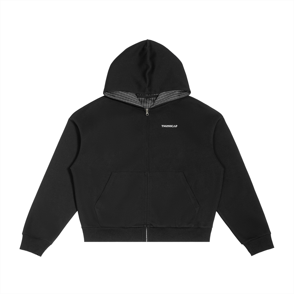 White Moo Cow Plaid Boxy Zip Hoodie